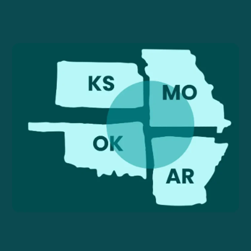 Luxi Loo four-state service area map: Kansas, Missouri, Oklahoma, Arkansas